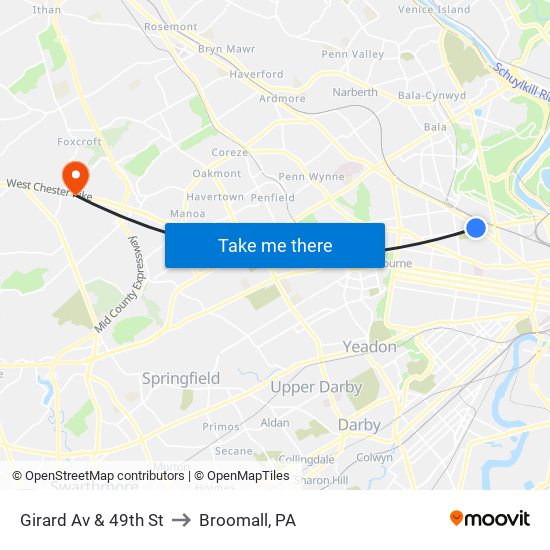 Girard Av & 49th St to Broomall, PA map