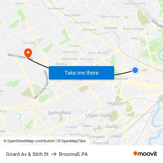 Girard Av & 56th St to Broomall, PA map