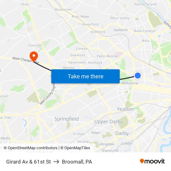 Girard Av & 61st St to Broomall, PA map