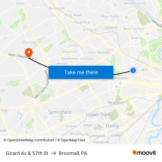 Girard Av & 57th St to Broomall, PA map