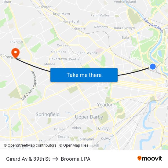 Girard Av & 39th St to Broomall, PA map