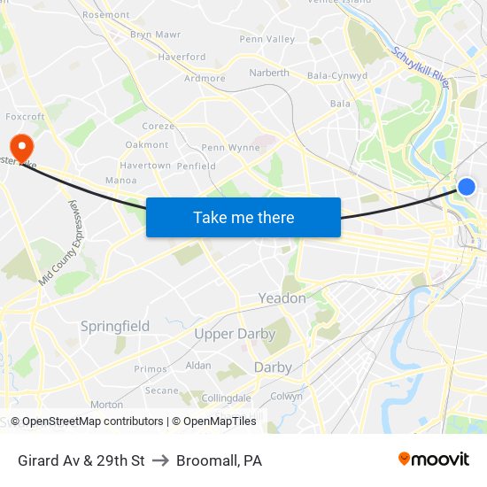 Girard Av & 29th St to Broomall, PA map