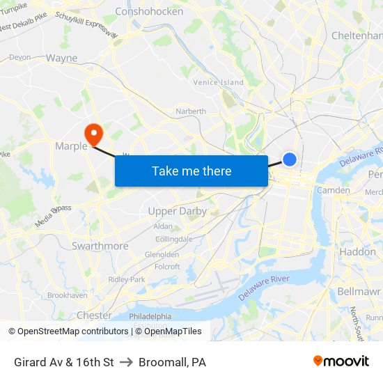 Girard Av & 16th St to Broomall, PA map