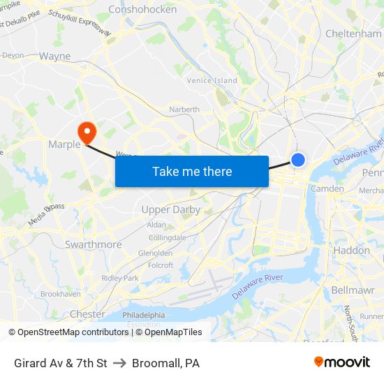Girard Av & 7th St to Broomall, PA map