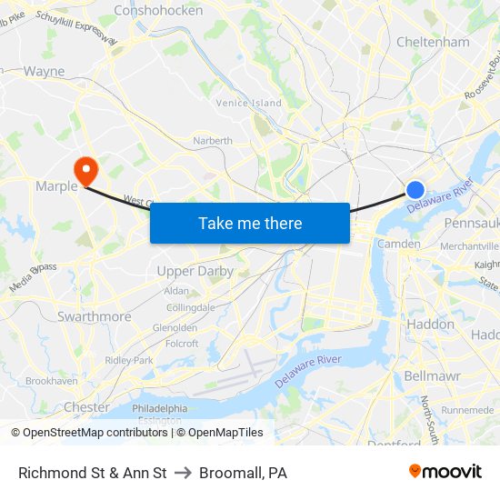 Richmond St & Ann St to Broomall, PA map