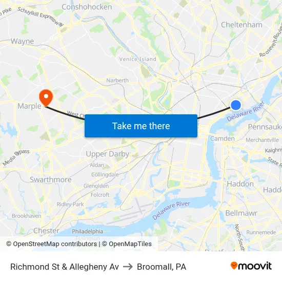 Richmond St & Allegheny Av to Broomall, PA map