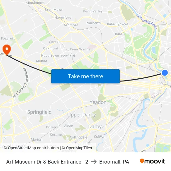 Art Museum Dr & Back Entrance - 2 to Broomall, PA map