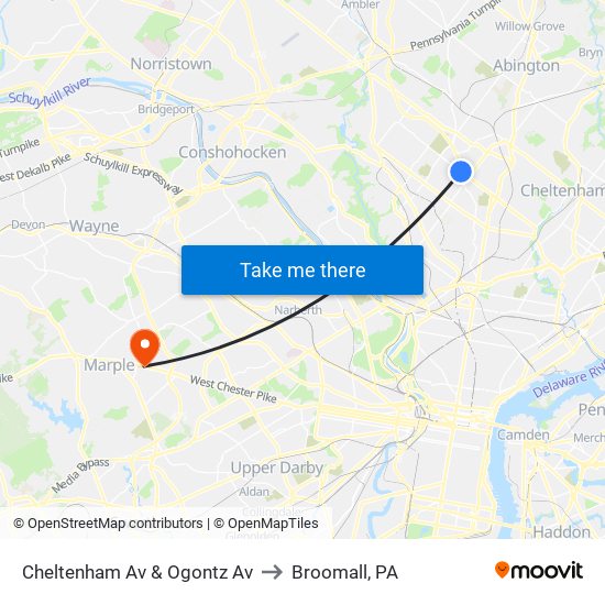 Cheltenham Av & Ogontz Av to Broomall, PA map