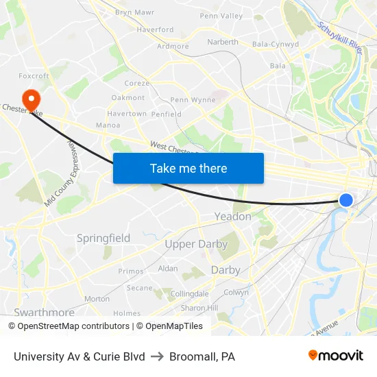University Av & Curie Blvd to Broomall, PA map
