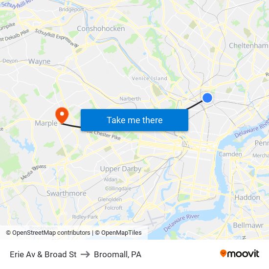 Erie Av & Broad St to Broomall, PA map