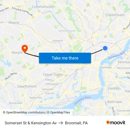 Somerset St & Kensington Av to Broomall, PA map
