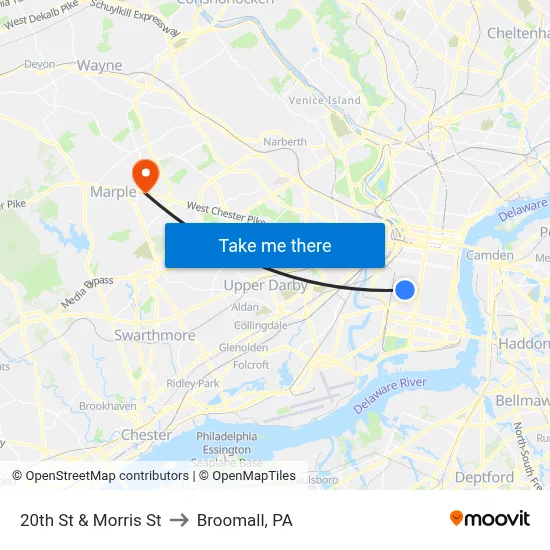 20th St & Morris St to Broomall, PA map
