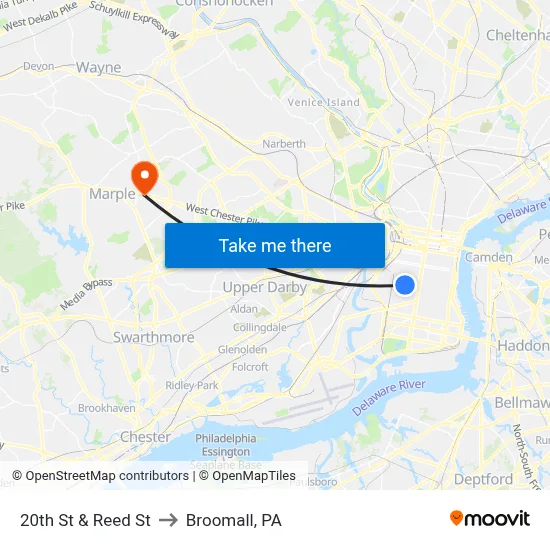 20th St & Reed St to Broomall, PA map