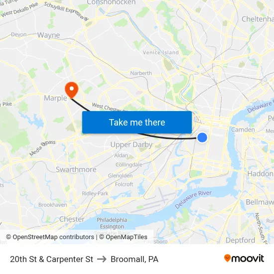 20th St & Carpenter St to Broomall, PA map