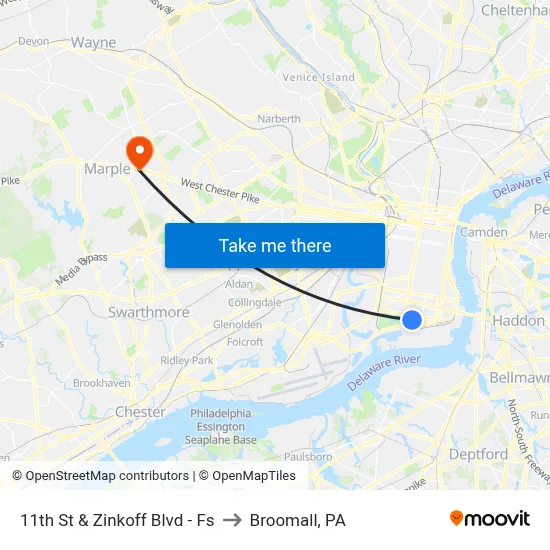 11th St & Zinkoff Blvd - Fs to Broomall, PA map