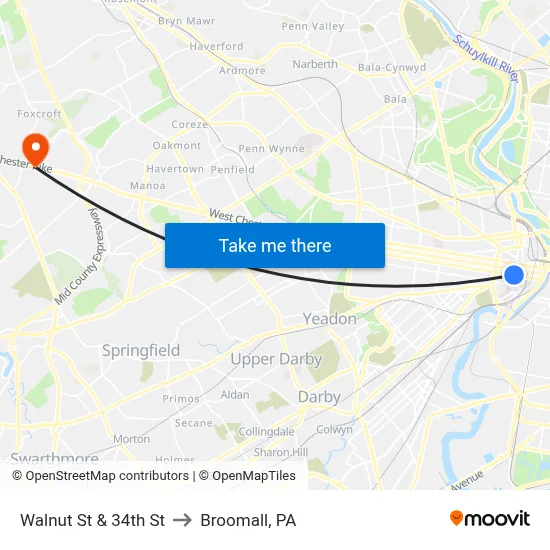 Walnut St & 34th St to Broomall, PA map