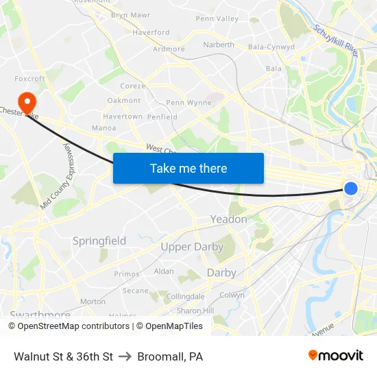 Walnut St & 36th St to Broomall, PA map