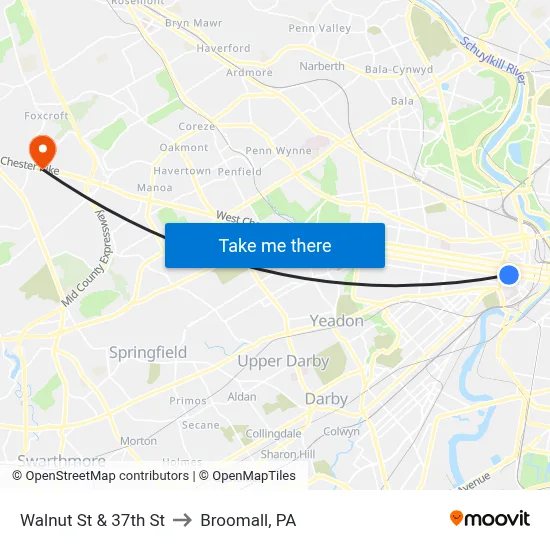 Walnut St & 37th St to Broomall, PA map