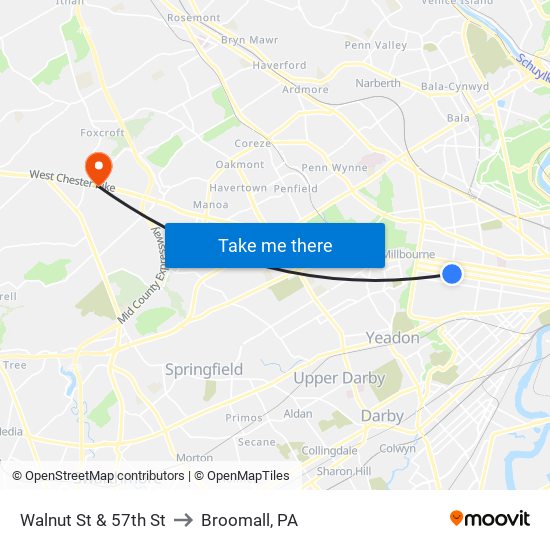 Walnut St & 57th St to Broomall, PA map