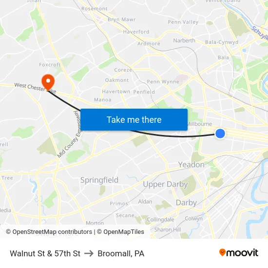 Walnut St & 57th St to Broomall, PA map