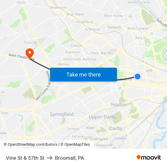 Vine St & 57th St to Broomall, PA map