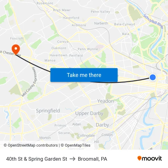 40th St & Spring Garden St to Broomall, PA map
