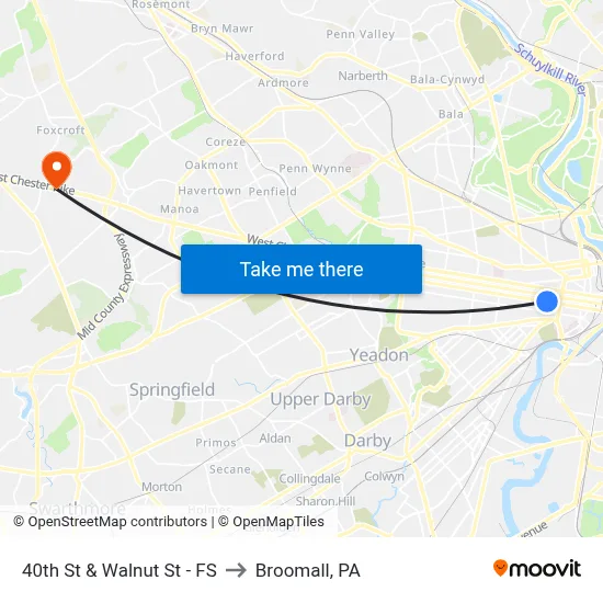 40th St & Walnut St - FS to Broomall, PA map