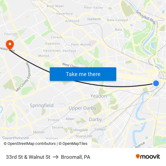 33rd St & Walnut St to Broomall, PA map