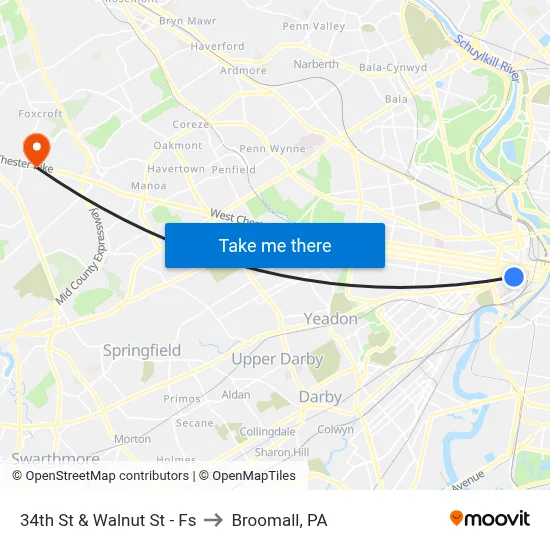 34th St & Walnut St - Fs to Broomall, PA map