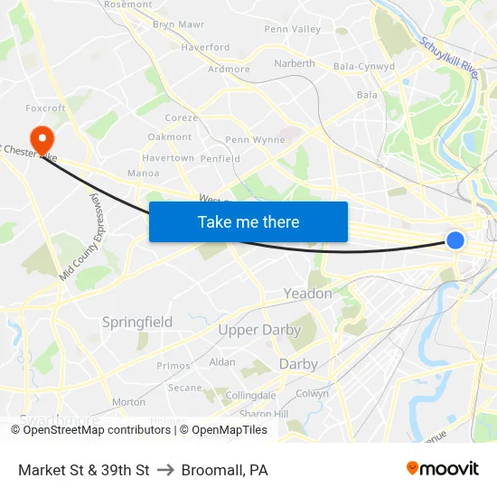 Market St & 39th St to Broomall, PA map