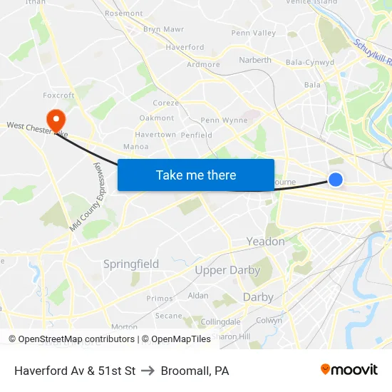 Haverford Av & 51st St to Broomall, PA map