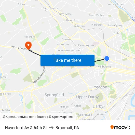 Haverford Av & 64th St to Broomall, PA map