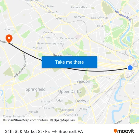 34th St & Market St - Fs to Broomall, PA map