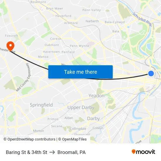 Baring St & 34th St to Broomall, PA map