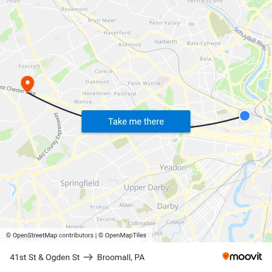 41st St & Ogden St to Broomall, PA map