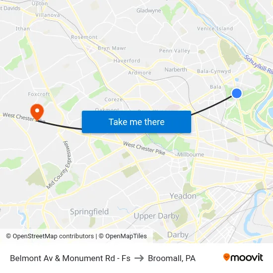 Belmont Av & Monument Rd - Fs to Broomall, PA map