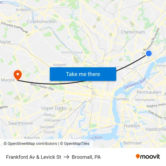Frankford Av & Levick St to Broomall, PA map