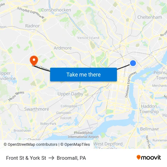 Front St & York St to Broomall, PA map