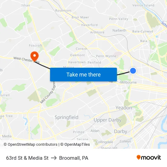 63rd St & Media St to Broomall, PA map
