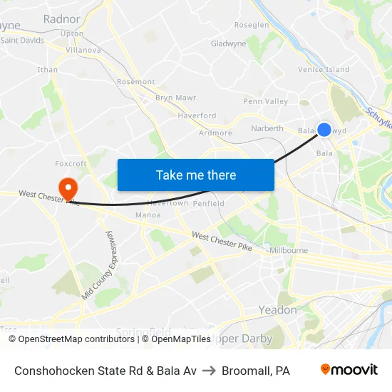 Conshohocken State Rd & Bala Av to Broomall, PA map