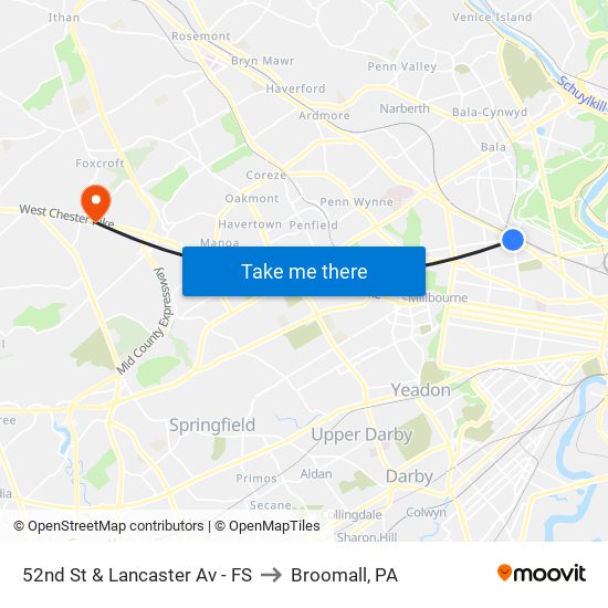 52nd St & Lancaster Av - FS to Broomall, PA map