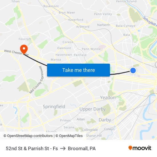 52nd St & Parrish St - Fs to Broomall, PA map