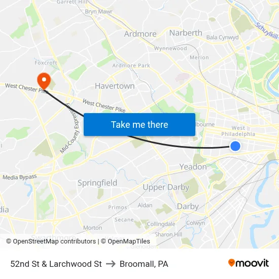 52nd St & Larchwood St to Broomall, PA map
