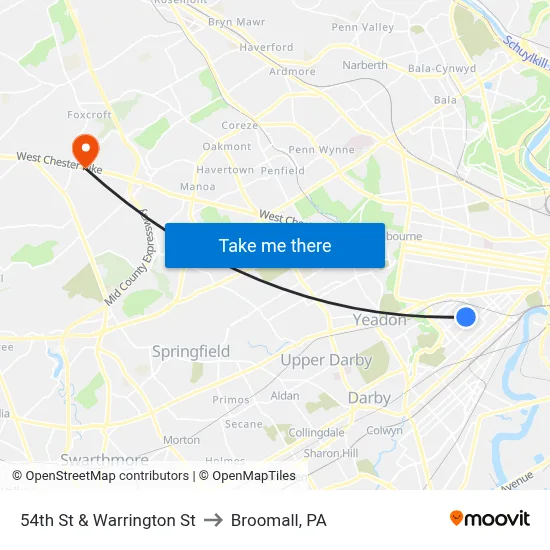54th St & Warrington St to Broomall, PA map