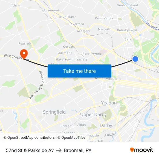 52nd St & Parkside Av to Broomall, PA map