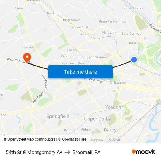 54th St & Montgomery Av to Broomall, PA map