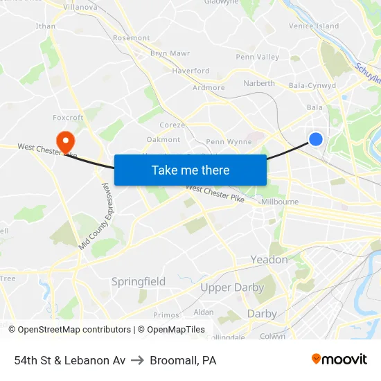 54th St & Lebanon Av to Broomall, PA map