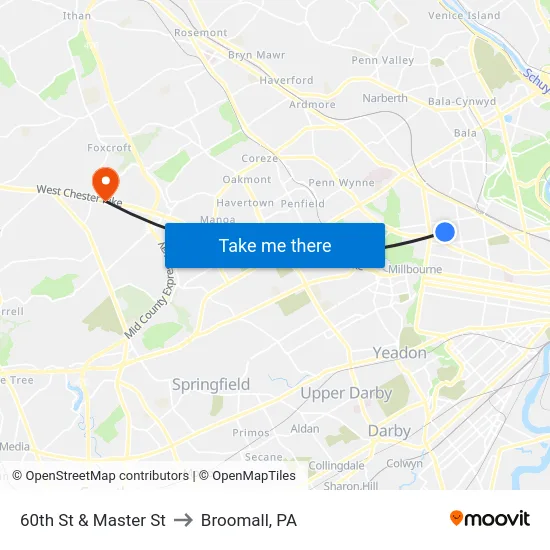 60th St & Master St to Broomall, PA map