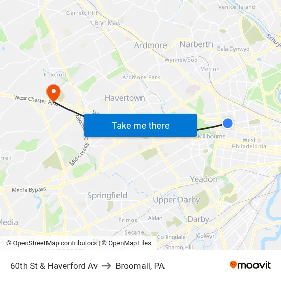 60th St & Haverford Av to Broomall, PA map