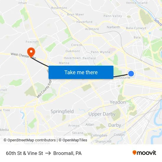 60th St & Vine St to Broomall, PA map